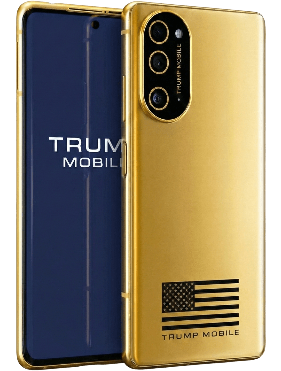 Current Trump Mobile T1 phone, front and gold triple-camera back